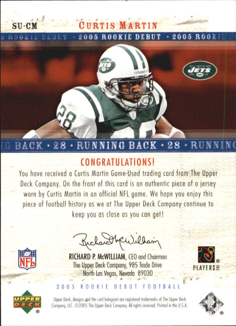 2005 Upper Deck Rookie Debut Sunday Swatches #SUCM Curtis Martin back image