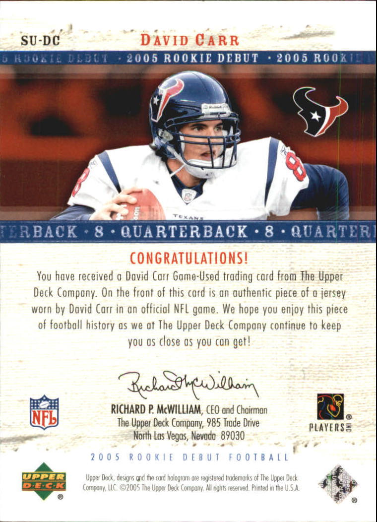 2005 Upper Deck Rookie Debut Sunday Swatches #SUDC David Carr back image