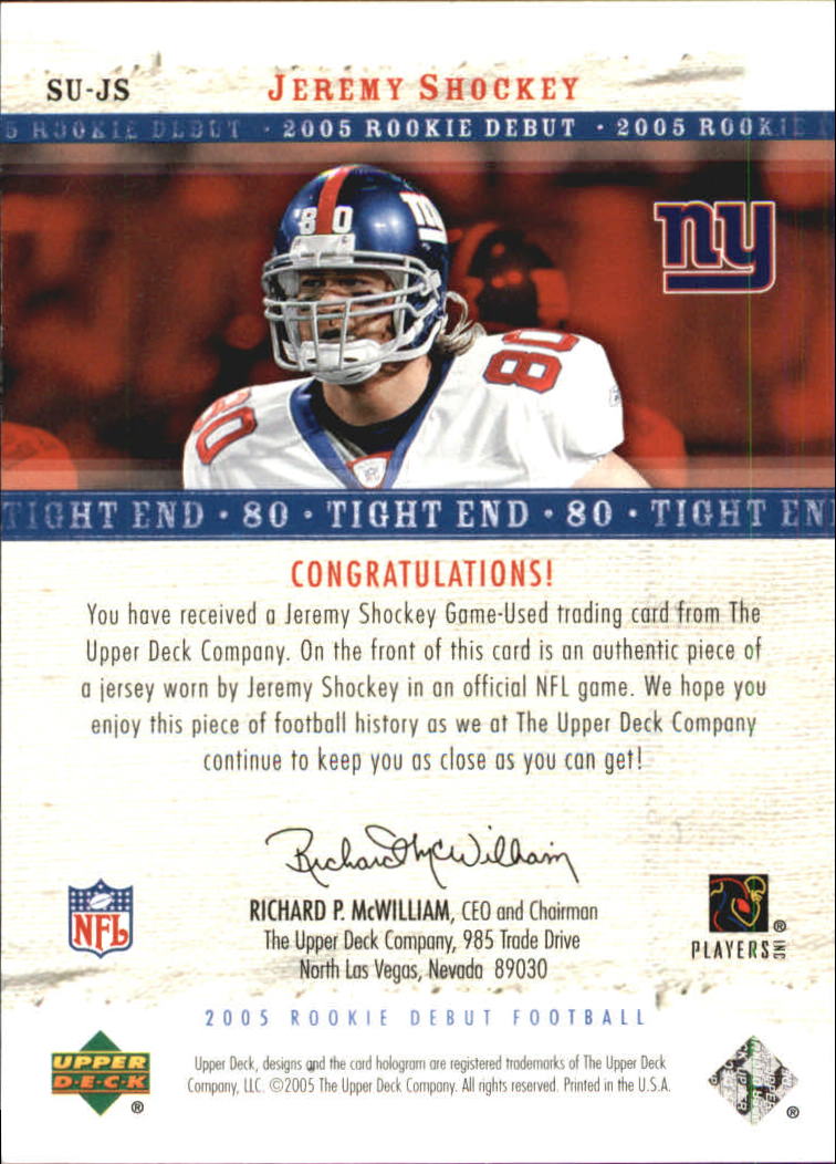 2005 Upper Deck Rookie Debut Sunday Swatches #SUJS Jeremy Shockey back image