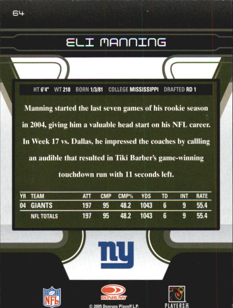 2005 Zenith #64 Eli Manning back image