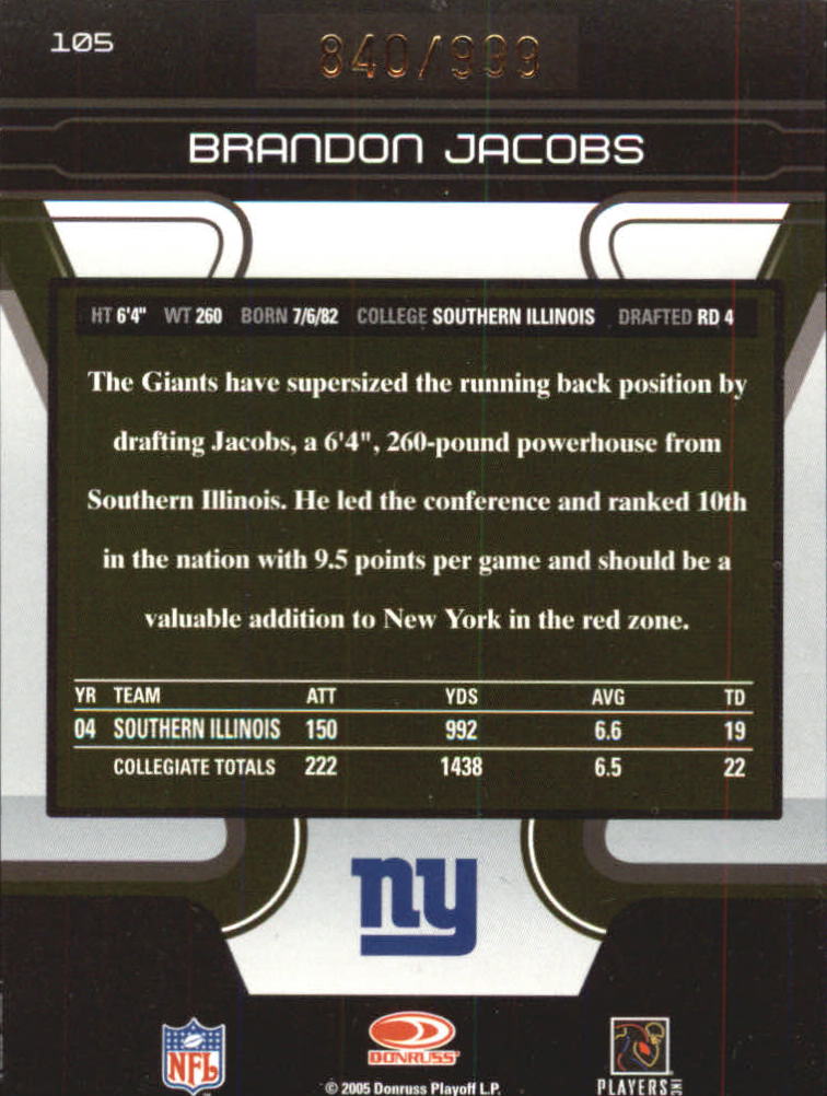 2005 Zenith #105 Brandon Jacobs RC back image