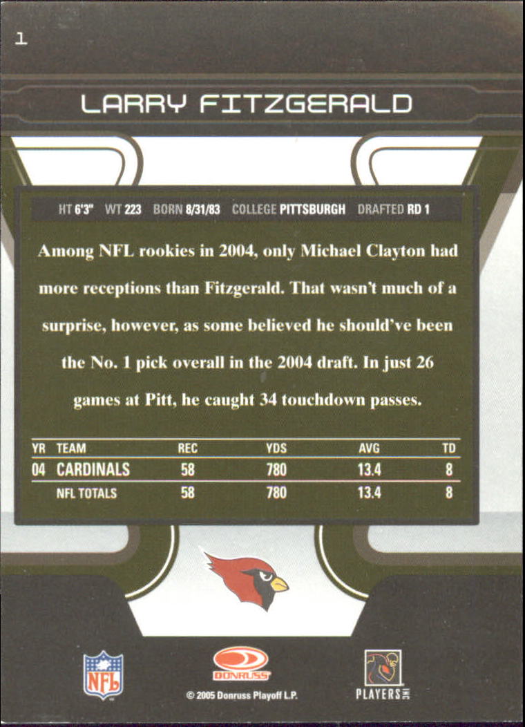 2005 Zenith Museum Collection #1 Larry Fitzgerald back image