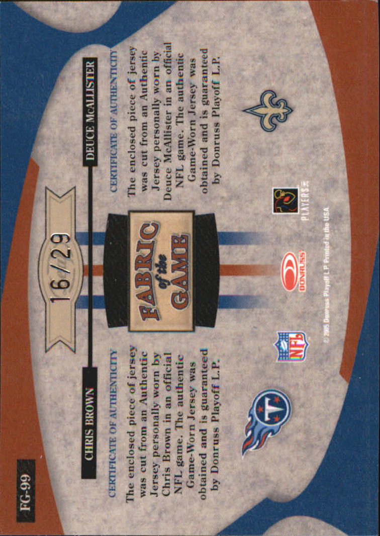 2005 Leaf Certified Materials Fabric of the Game Jersey Number #99 Chris Brown/Deuce McAllister/29 back image