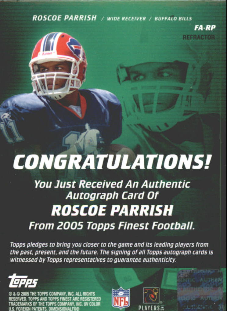 2005 Finest Autographs Refractor #FARP Roscoe Parrish back image