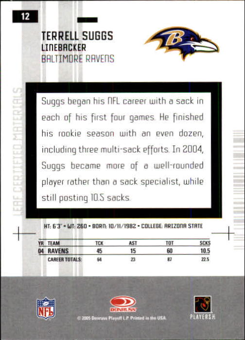 2005 Leaf Certified Materials #12 Terrell Suggs back image