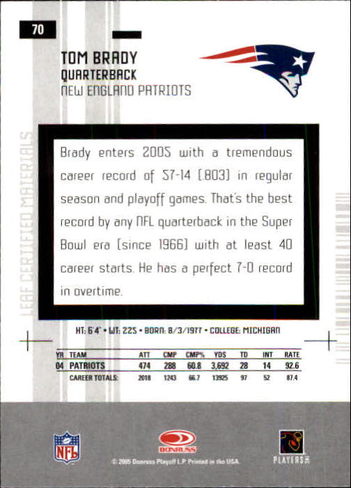 2005 Leaf Certified Materials #70 Tom Brady back image