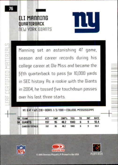 2005 Leaf Certified Materials #76 Eli Manning back image