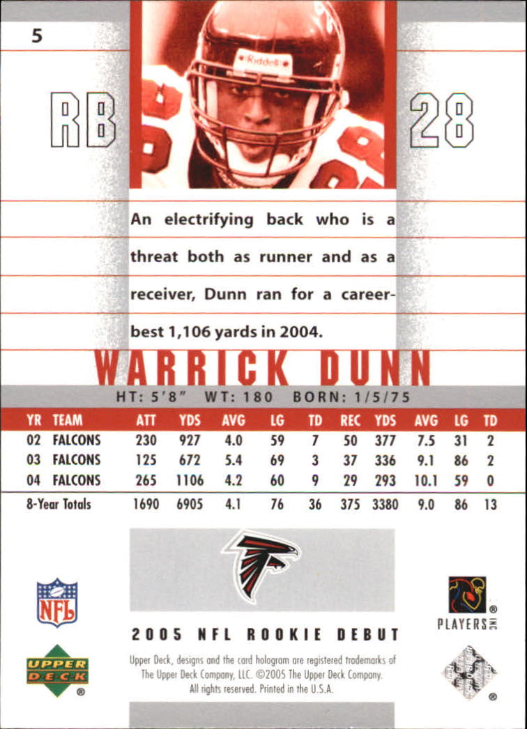 2005 Upper Deck Rookie Debut #5 Warrick Dunn back image