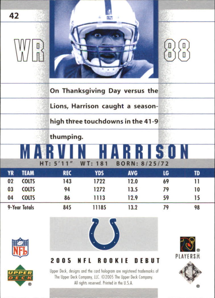 2005 Upper Deck Rookie Debut #42 Marvin Harrison back image