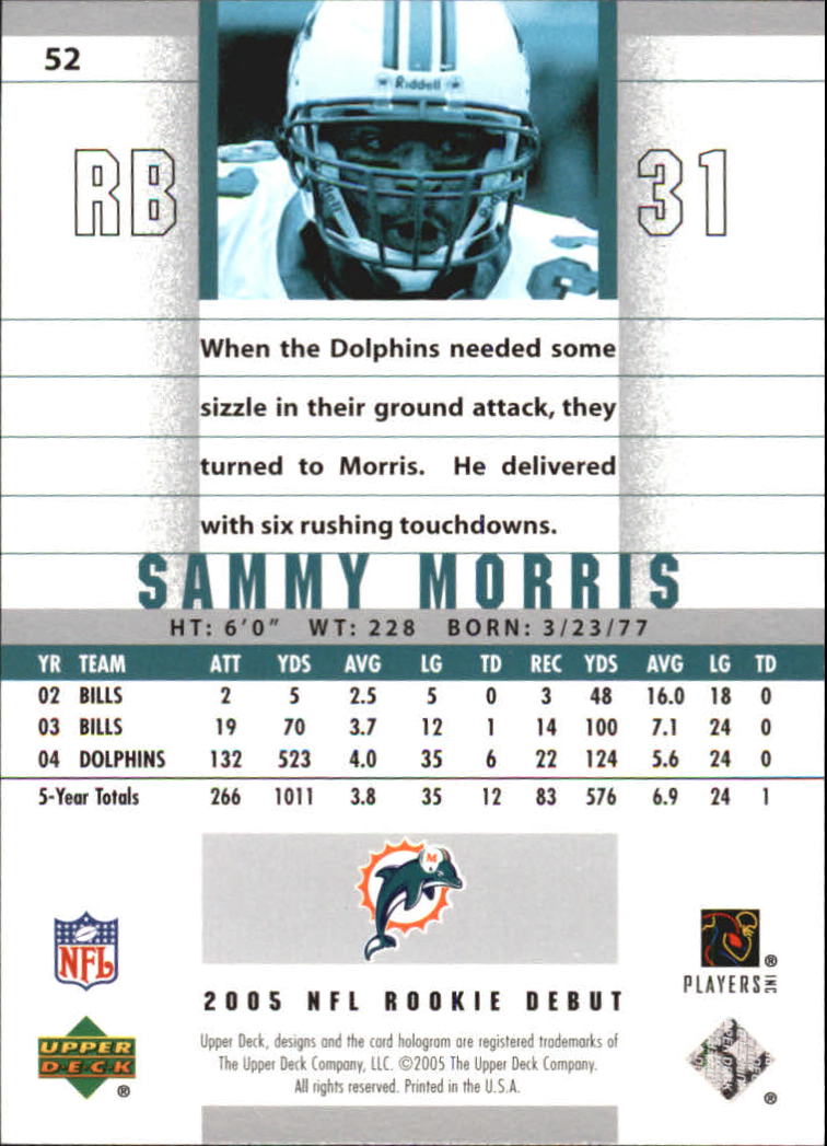 2005 Upper Deck Rookie Debut #52 Sammy Morris back image