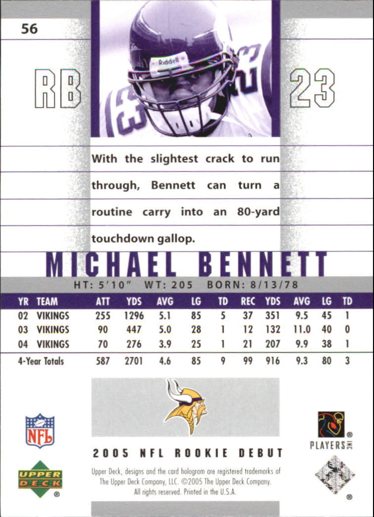 2005 Upper Deck Rookie Debut #56 Michael Bennett back image