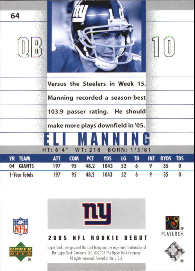 2005 Upper Deck Rookie Debut #64 Eli Manning back image
