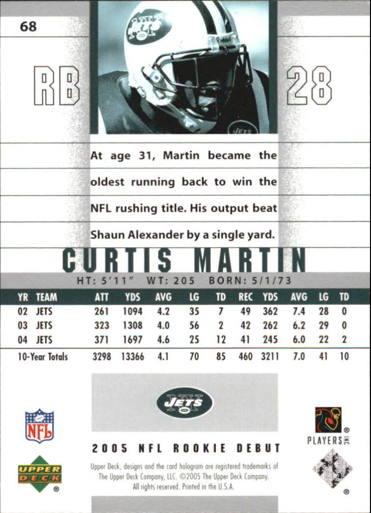 2005 Upper Deck Rookie Debut #68 Curtis Martin back image