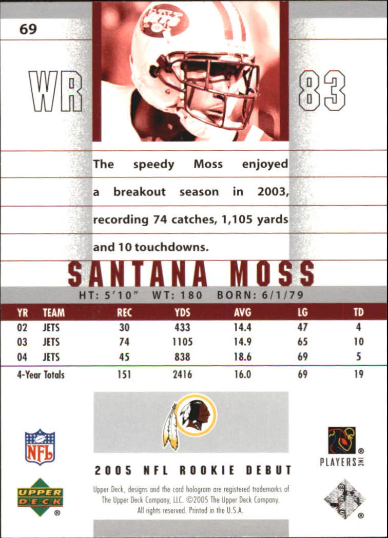 2005 Upper Deck Rookie Debut #69 Santana Moss back image