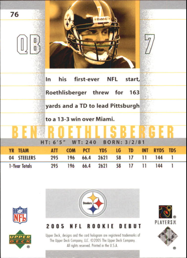 2005 Upper Deck Rookie Debut #76 Ben Roethlisberger back image