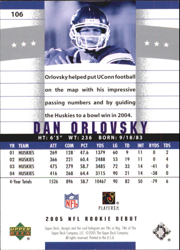 2005 Upper Deck Rookie Debut #106 Dan Orlovsky RC back image