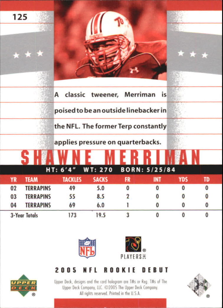 2005 Upper Deck Rookie Debut #125 Shawne Merriman RC back image