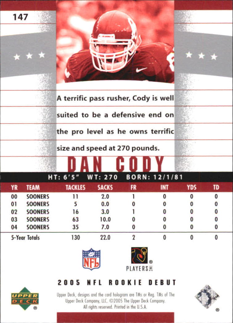 2005 Upper Deck Rookie Debut #147 Dan Cody RC back image