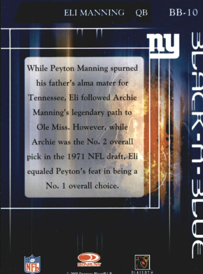 2005 Zenith Black 'N Blue Silver #BB10 Eli Manning back image