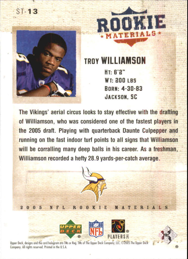 2005 Upper Deck Rookie Materials Stars of Tomorrow #ST13 Troy Williamson back image