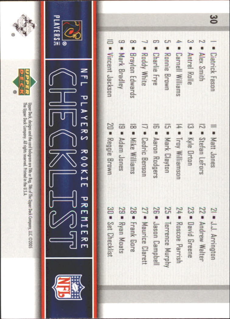 2005 Rookie Premiere (Upper Deck) Box Set Football "Main Set" Cards #1 to #30 - Picture 59 of 59