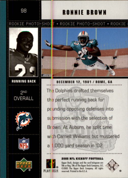 2005 Upper Deck Kickoff #98 Ronnie Brown RC back image