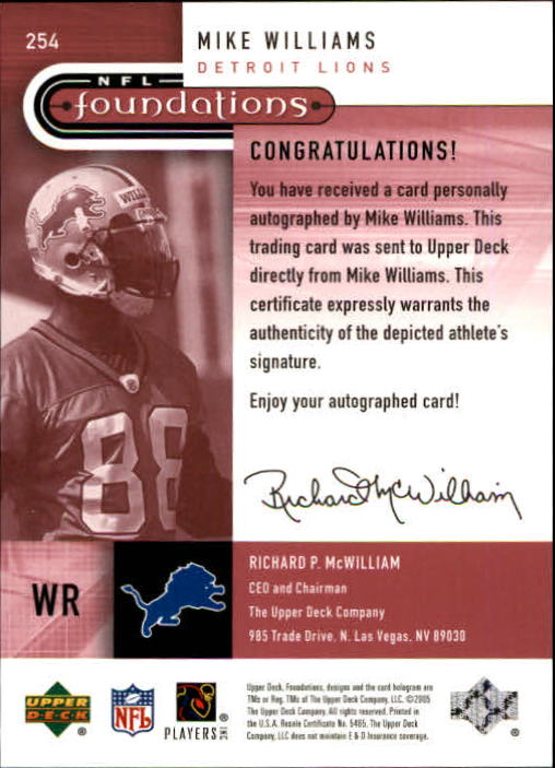 2005 Upper Deck Foundations #254 Mike Williams AU/175 back image