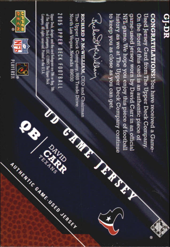2005 Upper Deck Game Jerseys #DR David Carr back image