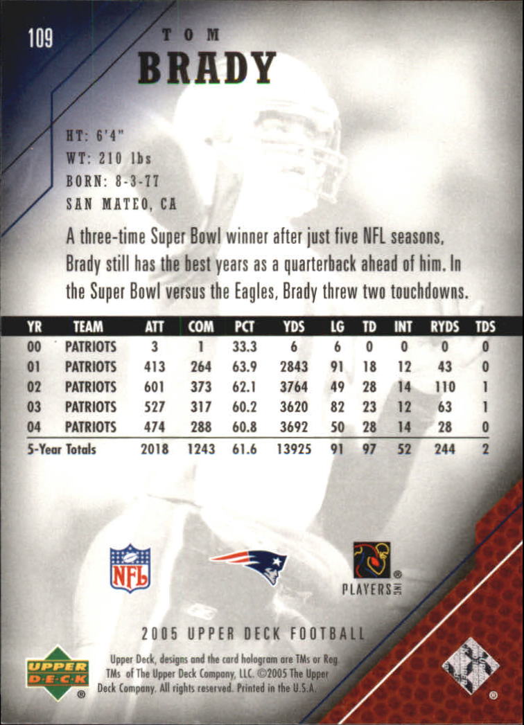 2005 Upper Deck #109 Tom Brady back image