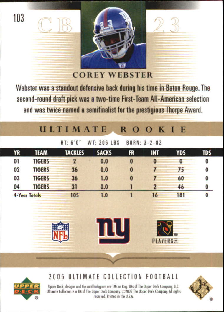 2005 Ultimate Collection #103 Corey Webster RC back image