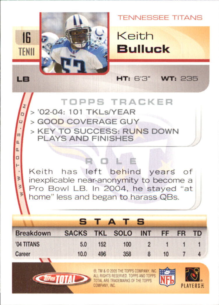 2005 Topps Total #16 Keith Bulluck back image