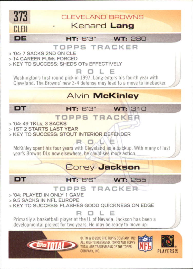 2005 Topps Total #373 Corey Jackson RC/Kenard Lang/Alvin McKinley back image