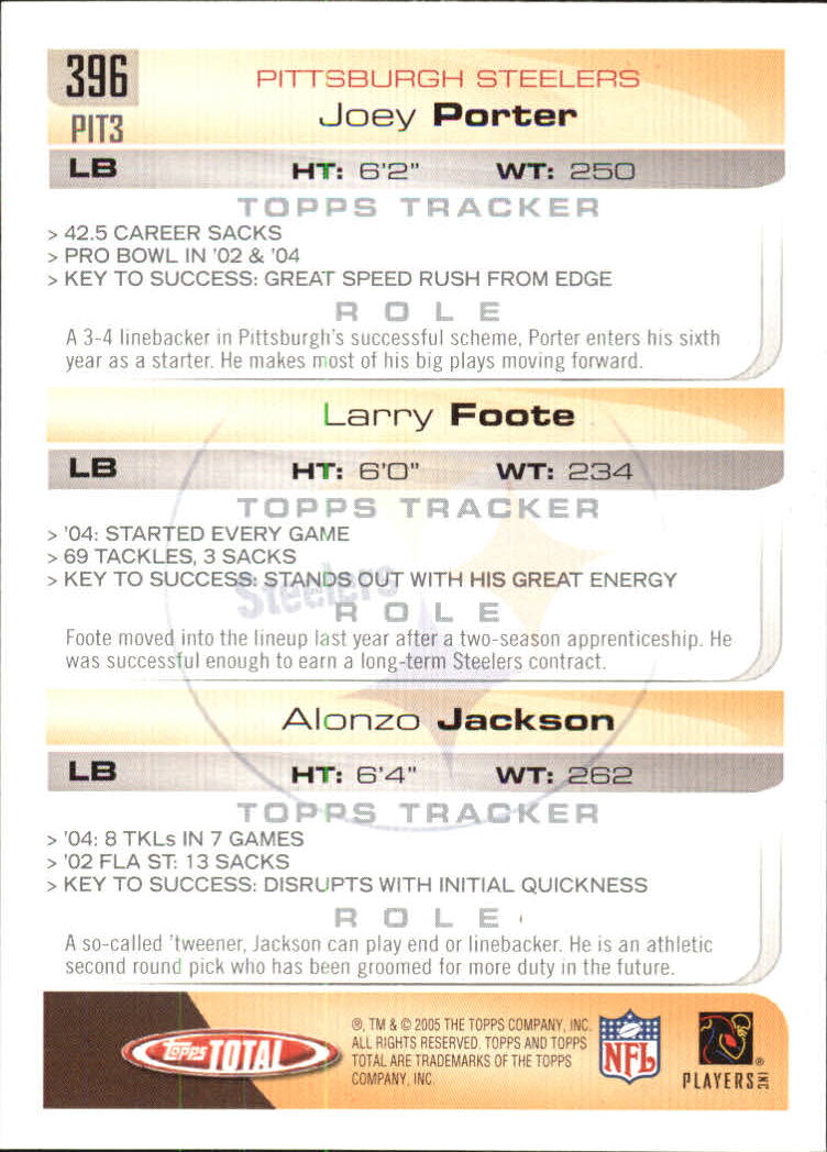 2005 Topps Total #396 Larry Foote/Joey Porter/Alonzo Jackson back image