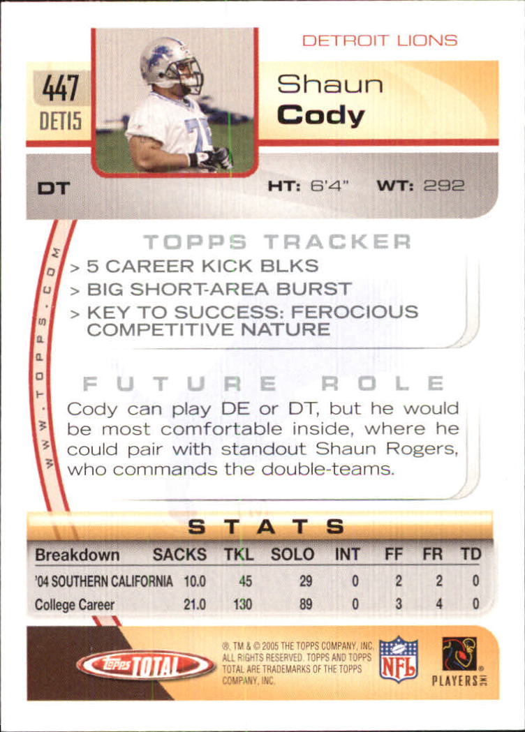 2005 Topps Total #447 Shaun Cody RC back image