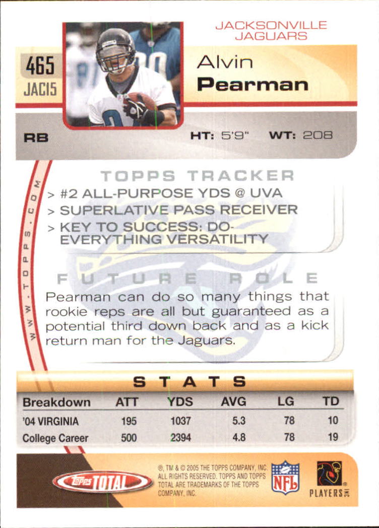 2005 Topps Total #465 Alvin Pearman RC back image