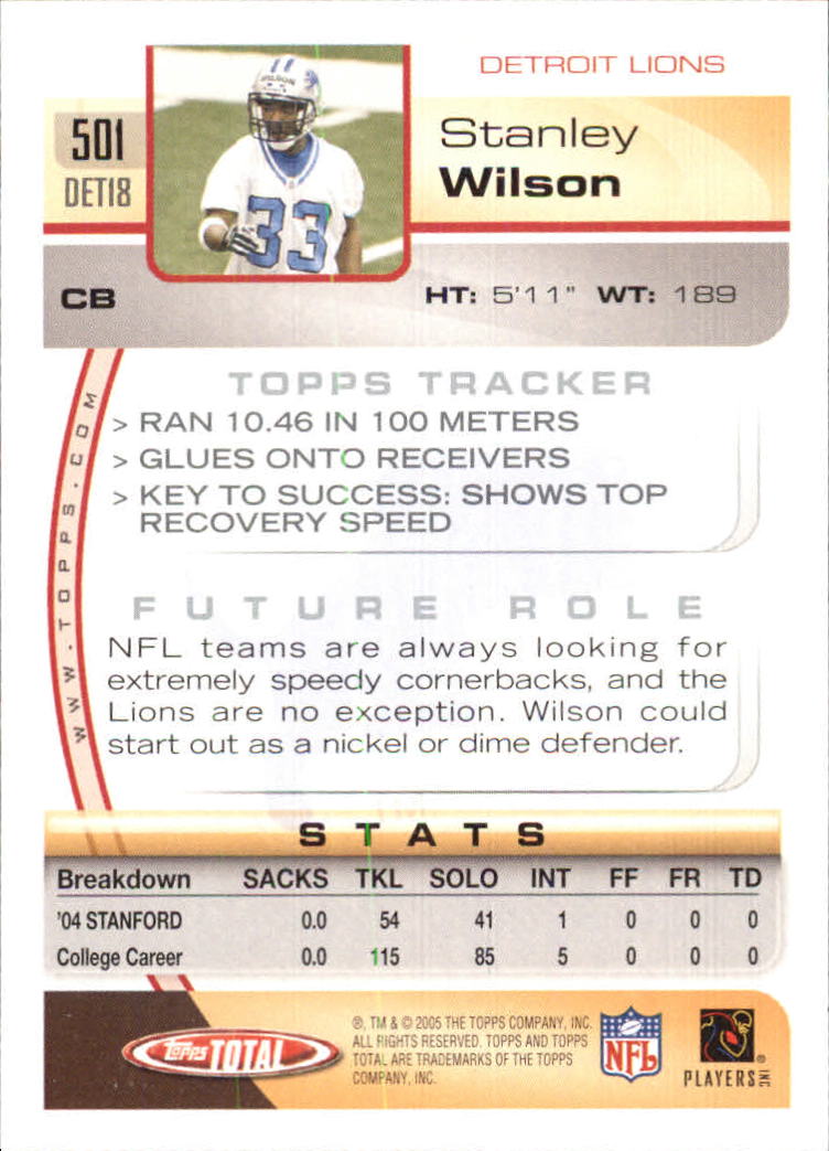 2005 Topps Total #501 Stanley Wilson RC back image