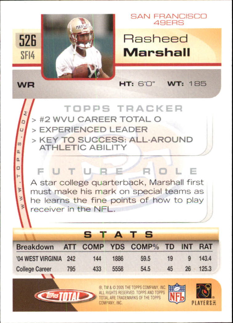 2005 Topps Total #526 Rasheed Marshall RC back image