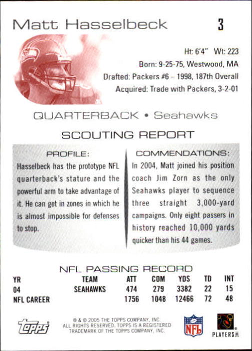 2005 Topps Draft Picks and Prospects #3 Matt Hasselbeck back image