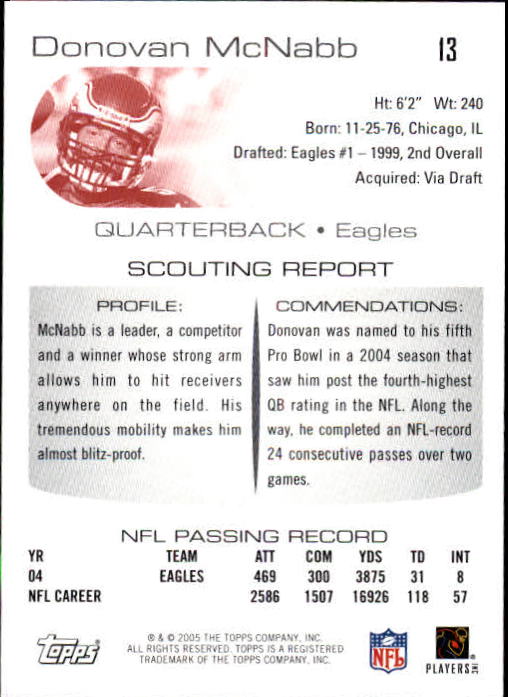 2005 Topps Draft Picks and Prospects #13 Donovan McNabb back image