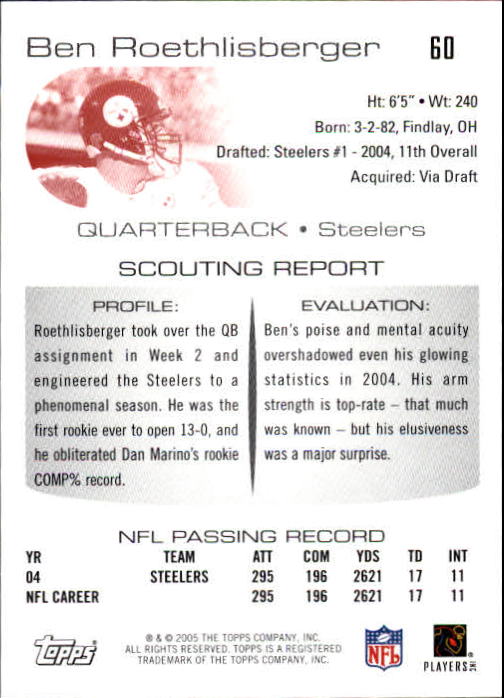 2005 Topps Draft Picks and Prospects #60 Ben Roethlisberger back image