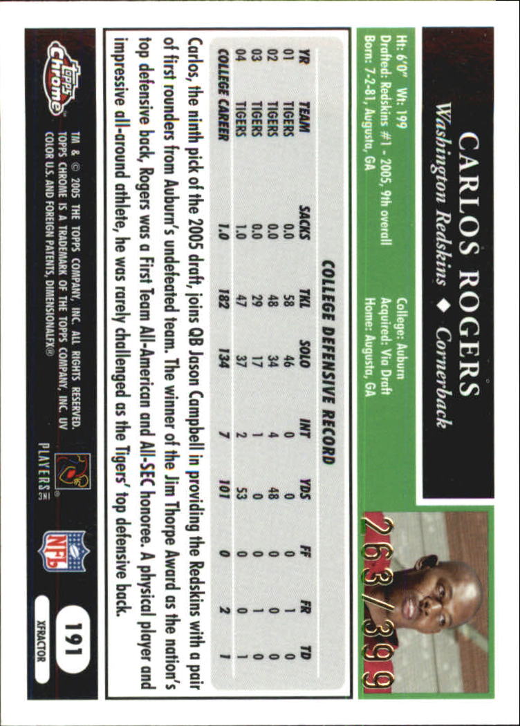 2005 Topps Chrome Gold Xfractors #191 Carlos Rogers back image