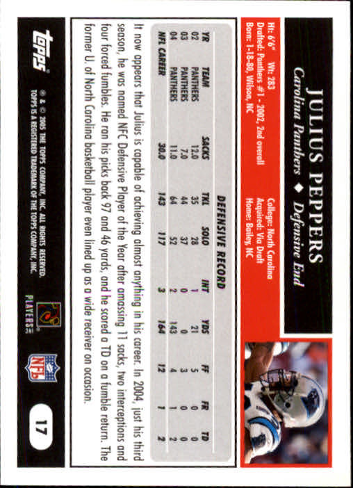 2005 Topps #17 Julius Peppers back image