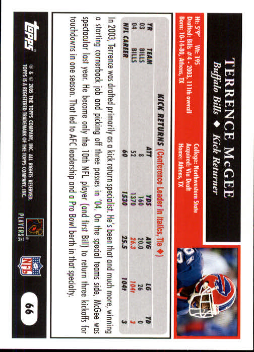 2005 Topps #66 Terrence McGee RC back image