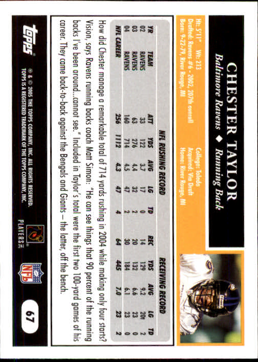 2005 Topps #67 Chester Taylor back image