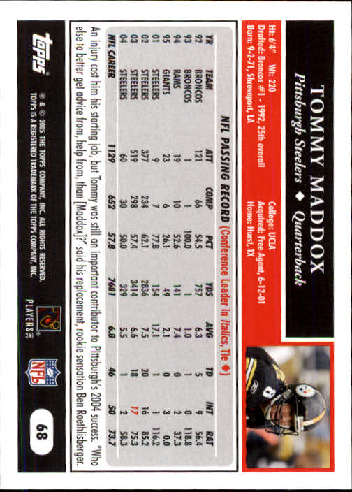 2005 Topps #68 Tommy Maddox back image