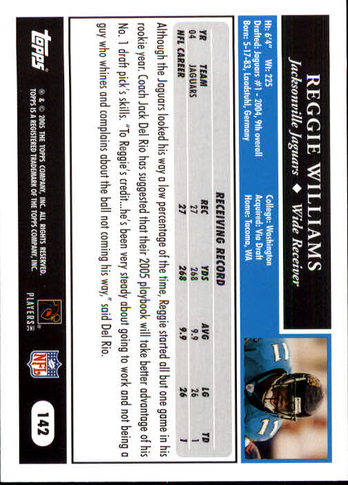 2005 Topps #142 Reggie Williams back image