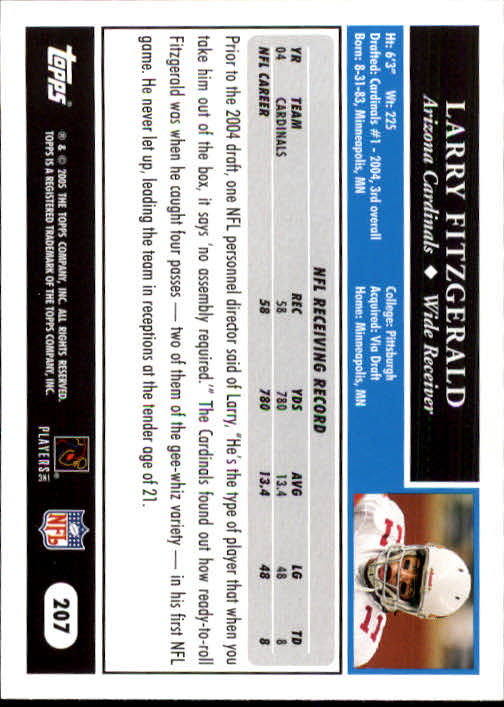 2005 Topps #207 Larry Fitzgerald back image
