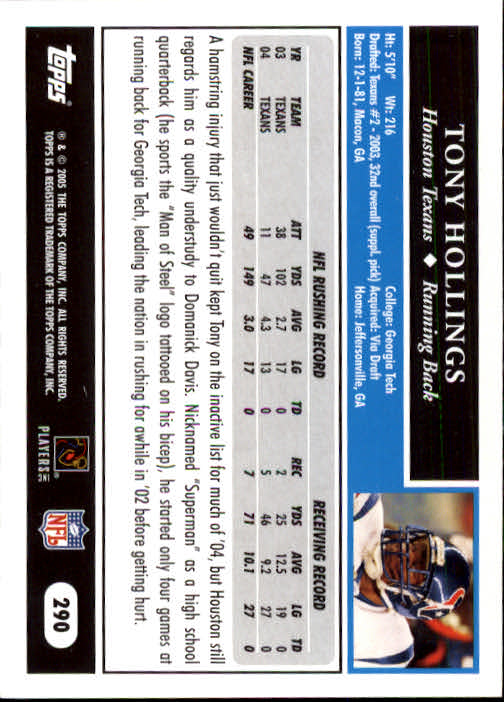 2005 Topps #290 Tony Hollings back image