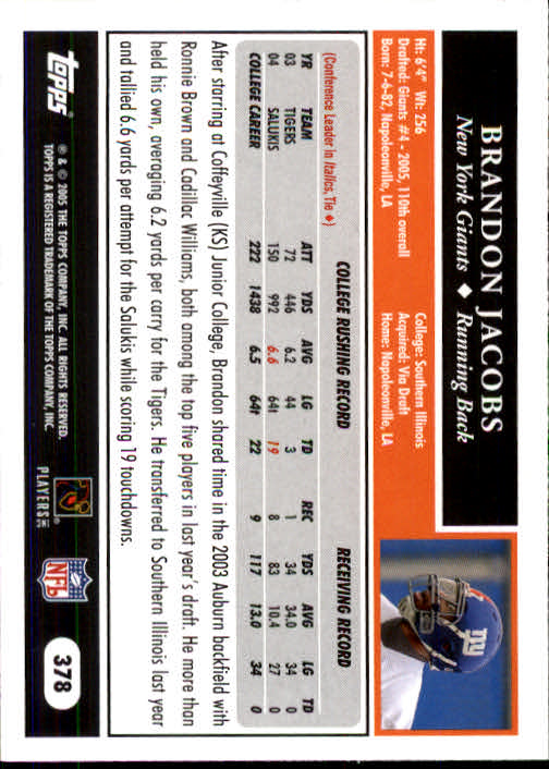 2005 Topps #378 Brandon Jacobs RC back image