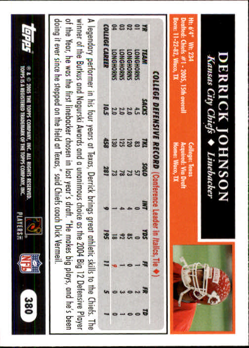 2005 Topps #380 Derrick Johnson RC back image